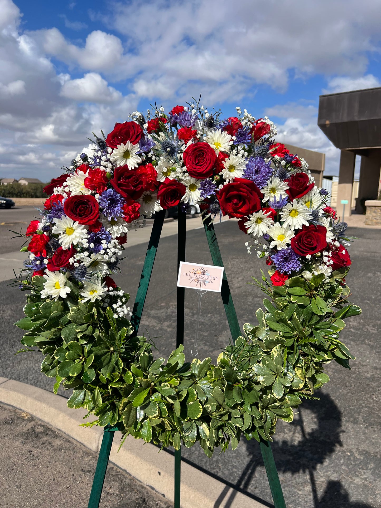 Patriotic Floral Standing Wreath- Red, White & Blue