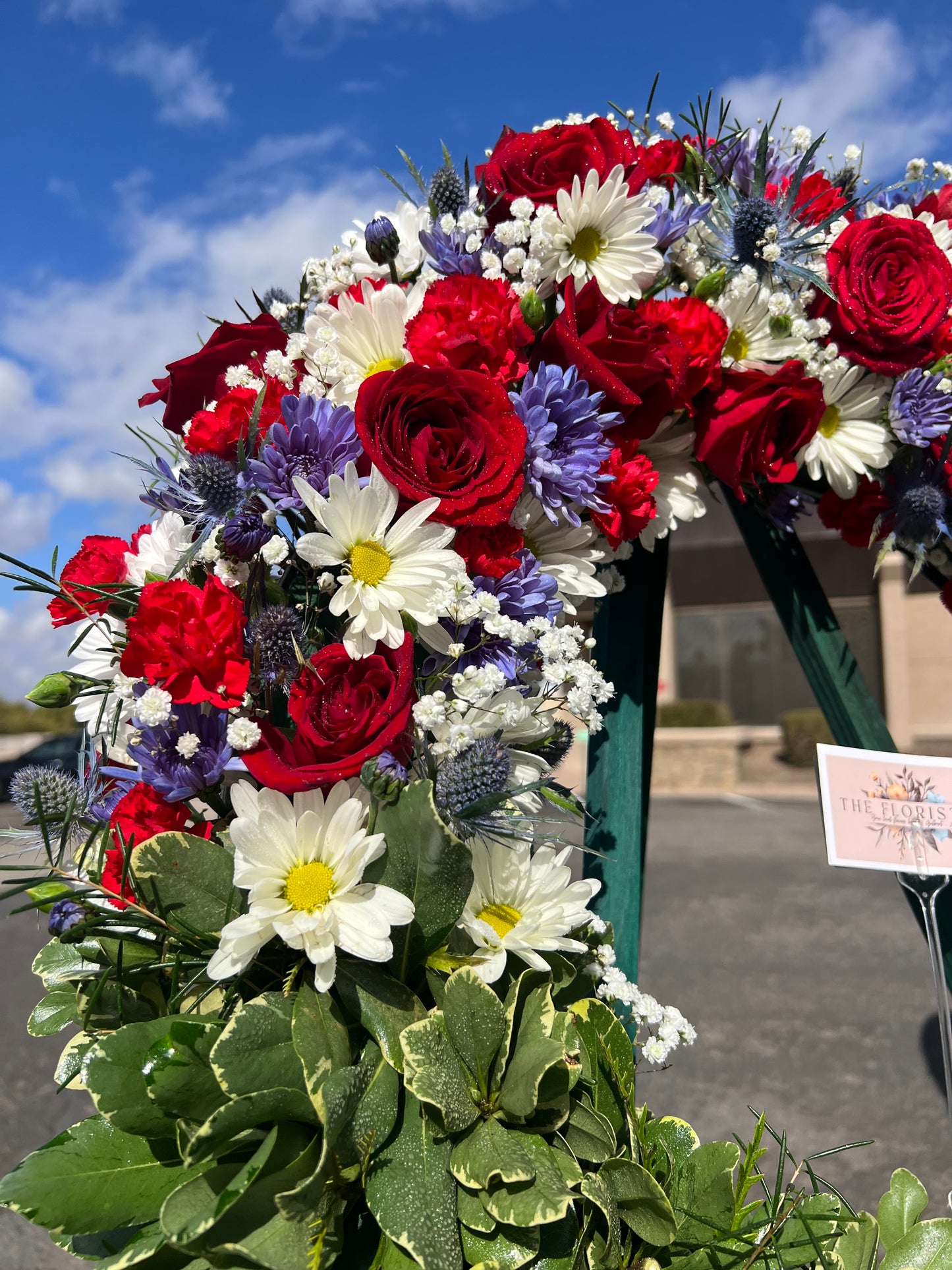 Patriotic Floral Standing Wreath- Red, White & Blue