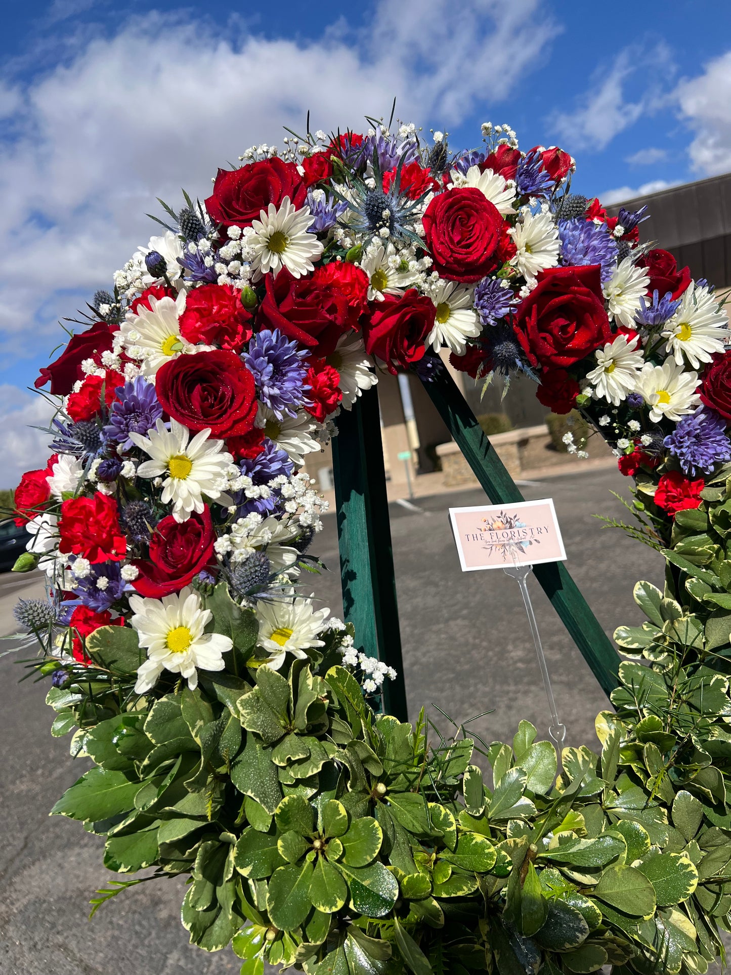 Patriotic Floral Standing Wreath- Red, White & Blue