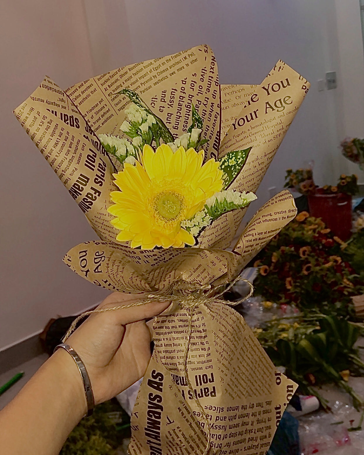 Cheerful mini sunflower bouquet in elegant Korean-style wrapping. A bright and stylish gift for birthdays, graduations, or everyday moments.