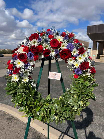 Patriotic Floral Standing Wreath- Red, White & Blue