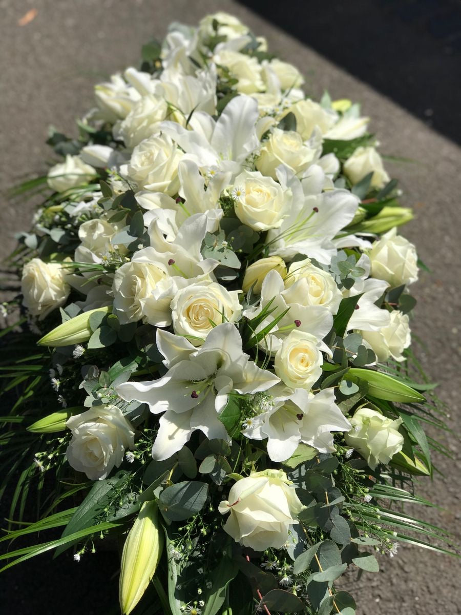 White Rose Half Casket Cover Spray