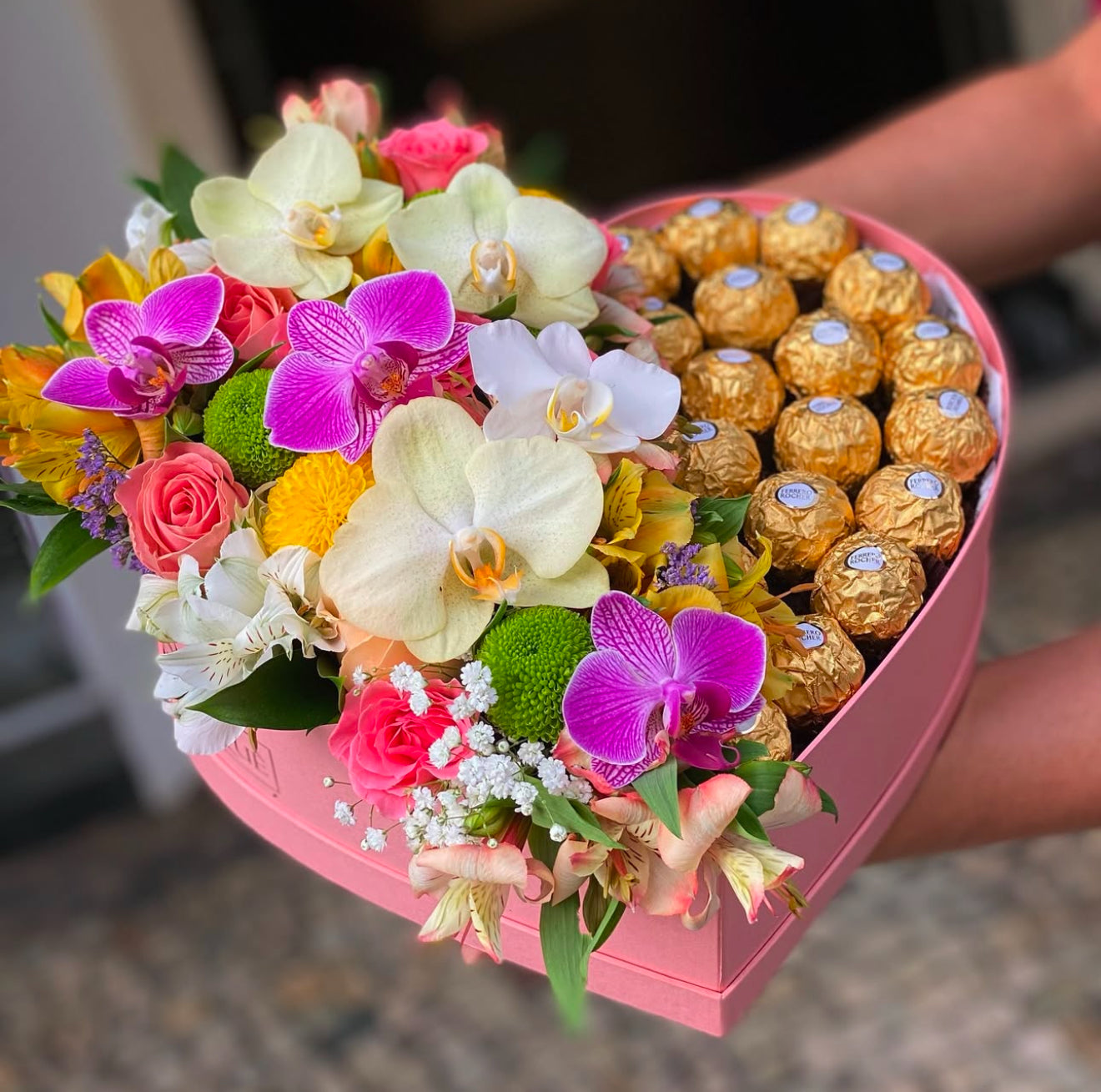 Spring Color Flowers Heart Box with Vibrant Orchids and Ferro Rocher Chocolate