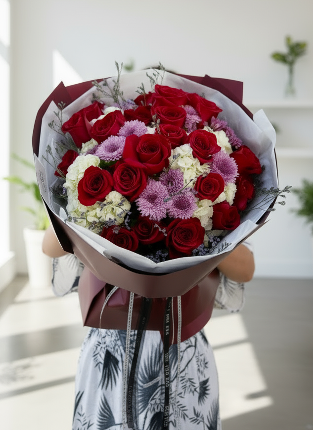 , a breathtaking design perfect for Valentine’s Day,anniversaries, birthdays, or any special occasion. This luxurious arrangement features a stunning blend of red and ivory, fluffy hydrangeas,