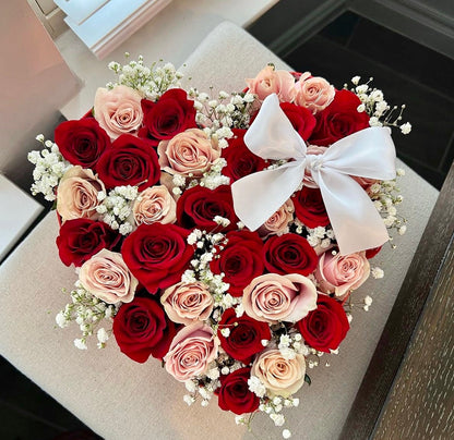 Bubblegum Roses Heart Box - Gilbert Arizona Florist. Pink & White Roses. Red & White roses.