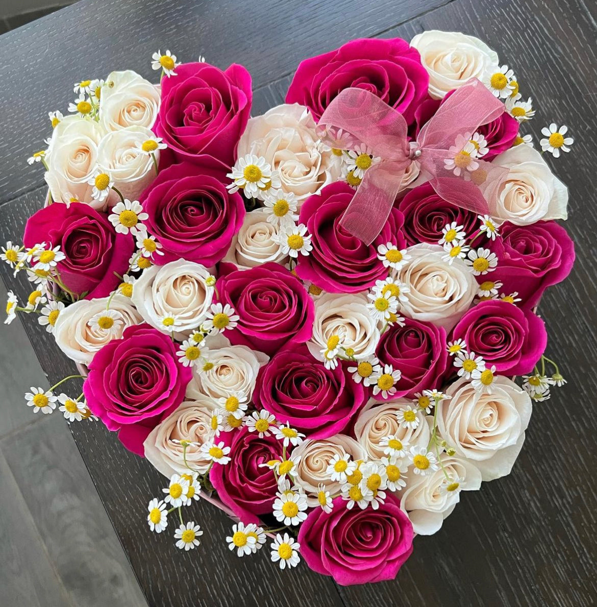 Bubblegum Roses Heart Box - Gilbert Arizona Florist. Pink & White Roses. Red & White roses.