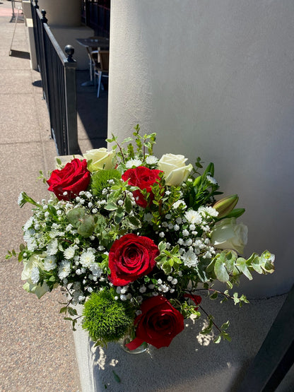 Long stem red and white roses bouquet with baby breath flowers