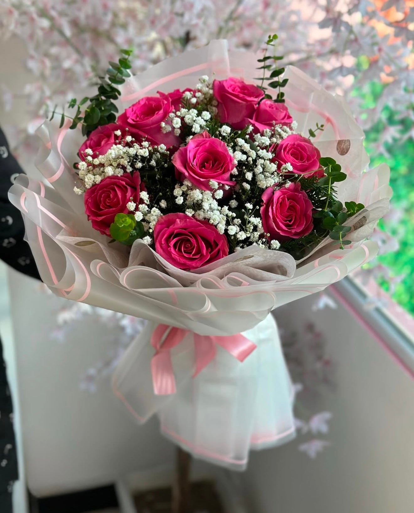 Pink Roses With Baby Breath Designed Wrapping Waterproof Paper
