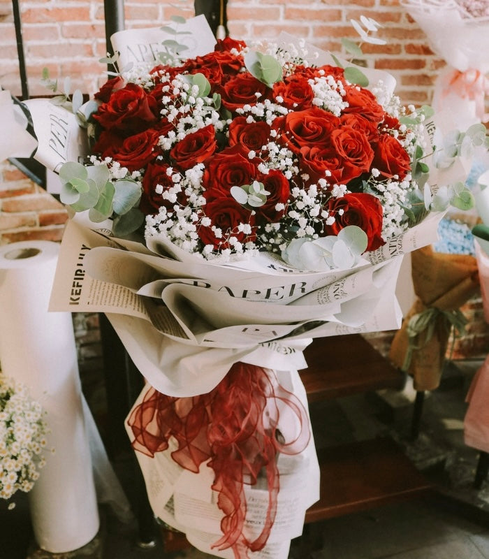 Red Roses With Baby Breath Designed Korean Wrapping Bouquet