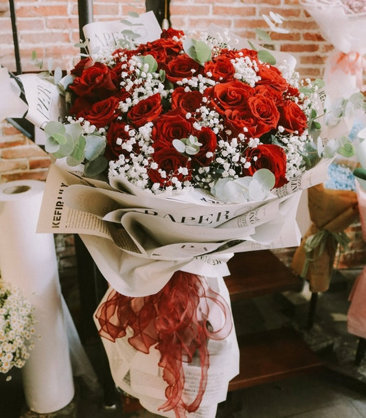 Red Roses With Baby Breath Designed Korean Wrapping Bouquet