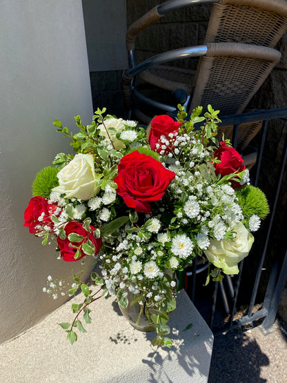 Long stem red and white roses bouquet with baby breath flowers