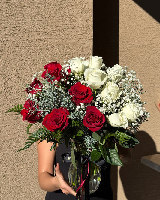 Bouquet of red and white long stem premium roses for Valentine’s Day and special occasions