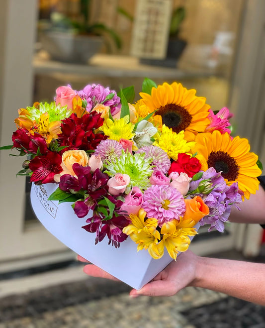 Spring Color Flowers Heart Box, beautiful vibrant blooms
