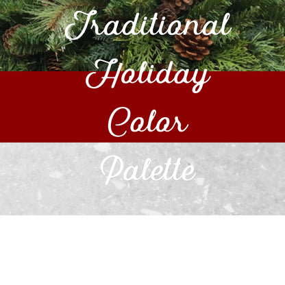 A holiday color palette featuring traditional holiday colors such as whites, reds, and greens flowers