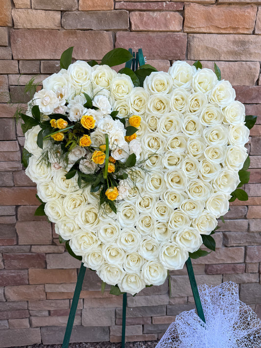 Beautiful White Funeral Flower Stand Heart shape for delivery in Phoenix area, Gilbert, Mesa, Chandler, Tempe, Queen Creek